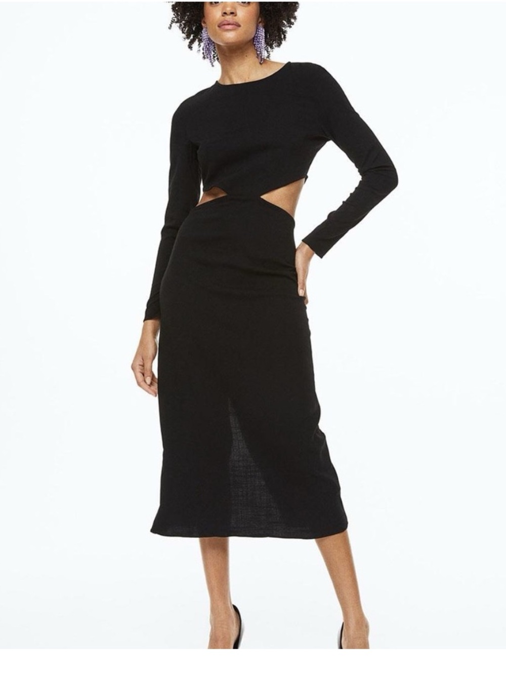H&M Black Long Sleeve Cutout Midi Dress